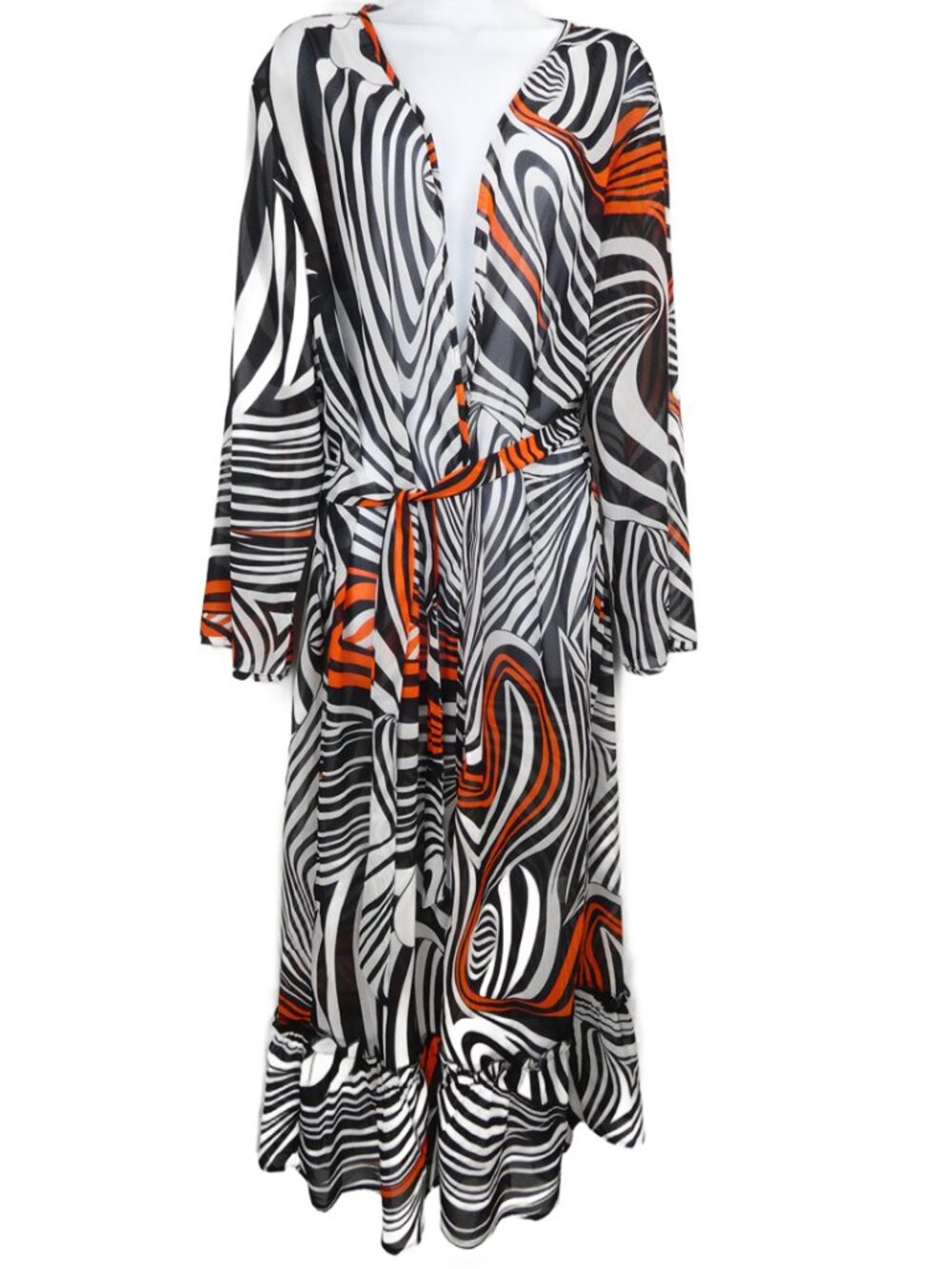 Aimage Beach Cover Womens Medium Orange Black Long Belt Sheer Flowy NEW